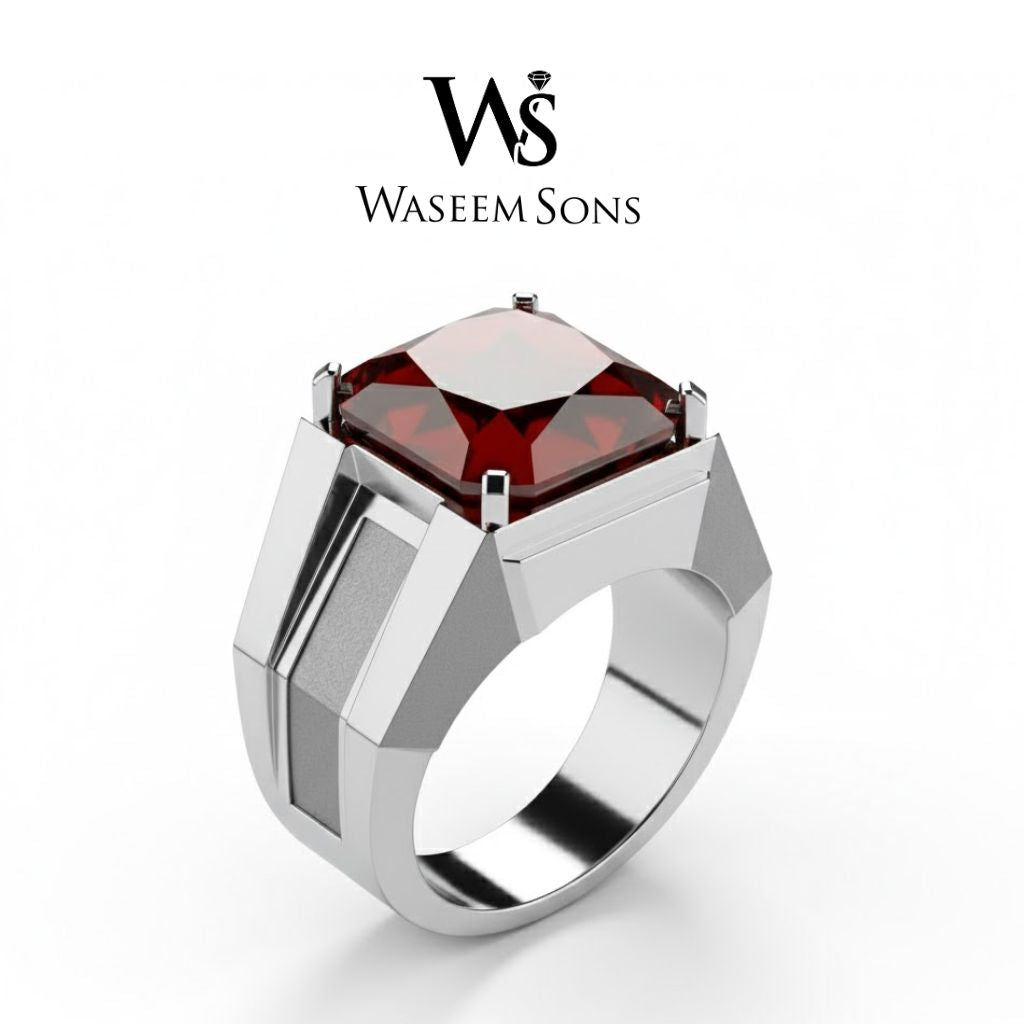 Men’s garnet signet ring in 925 sterling silver by Waseem Sons