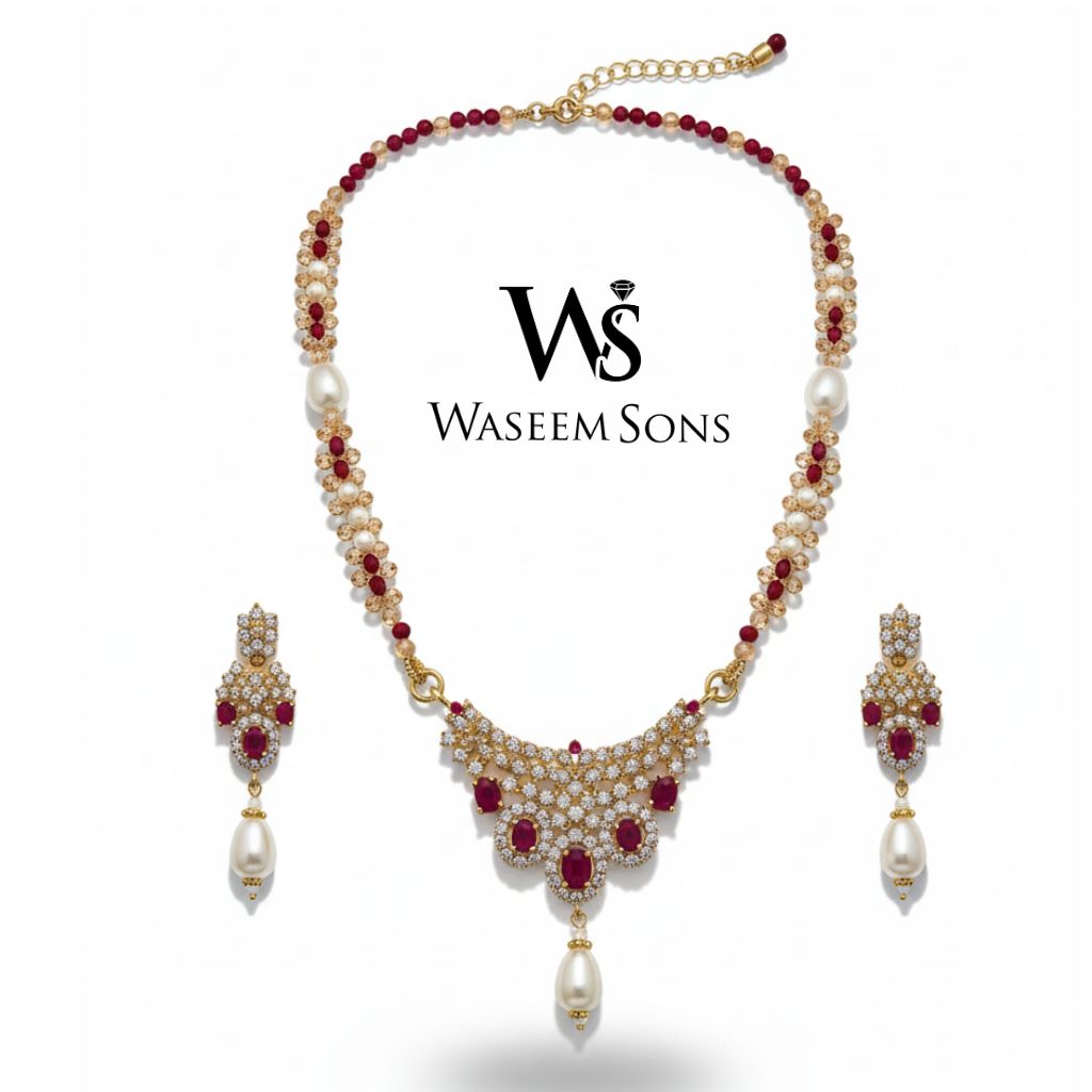 Ruby Empress Pearl Bridal Set gold polish ruby necklace earrings by Waseem Sons