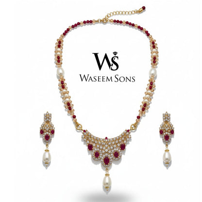Ruby Empress Pearl Bridal Set gold polish ruby necklace earrings by Waseem Sons
