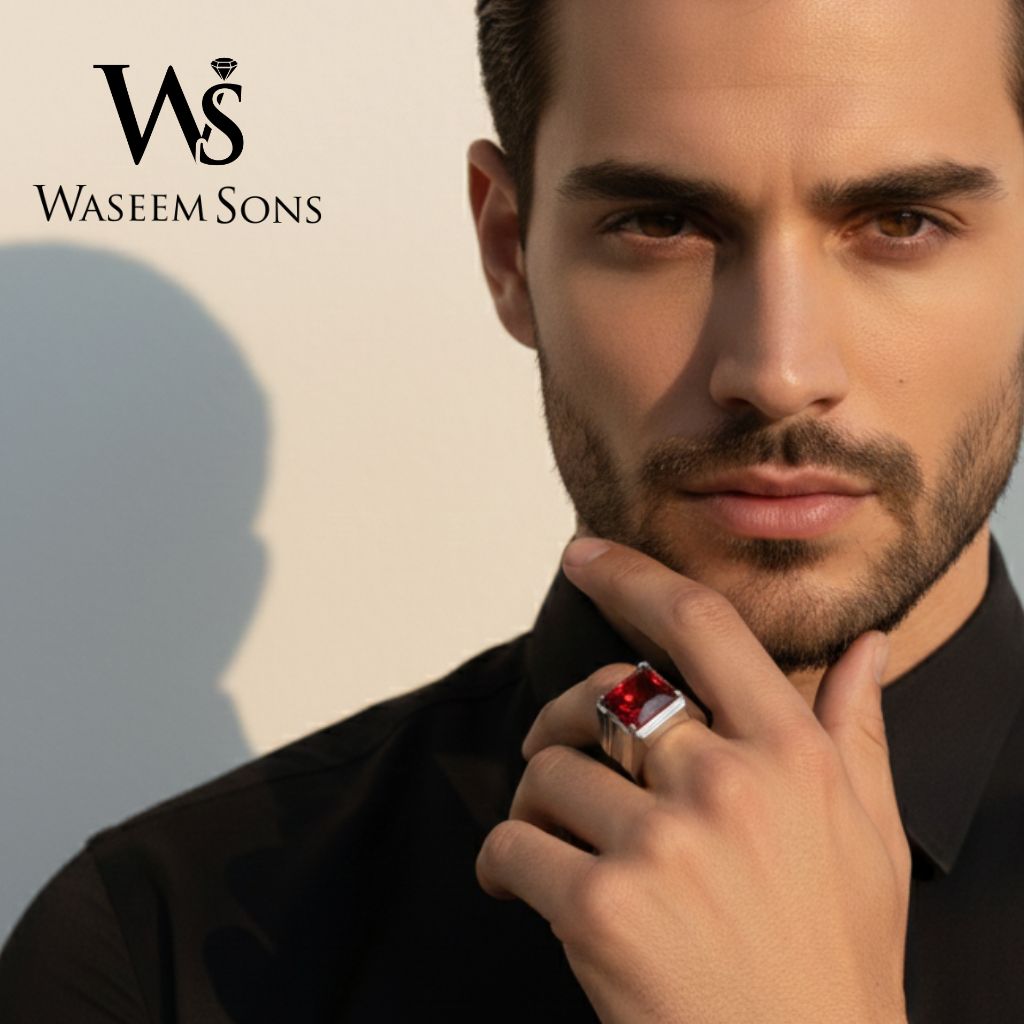 Men wearing garnet signet ring in 925 sterling silver by Waseem Sons